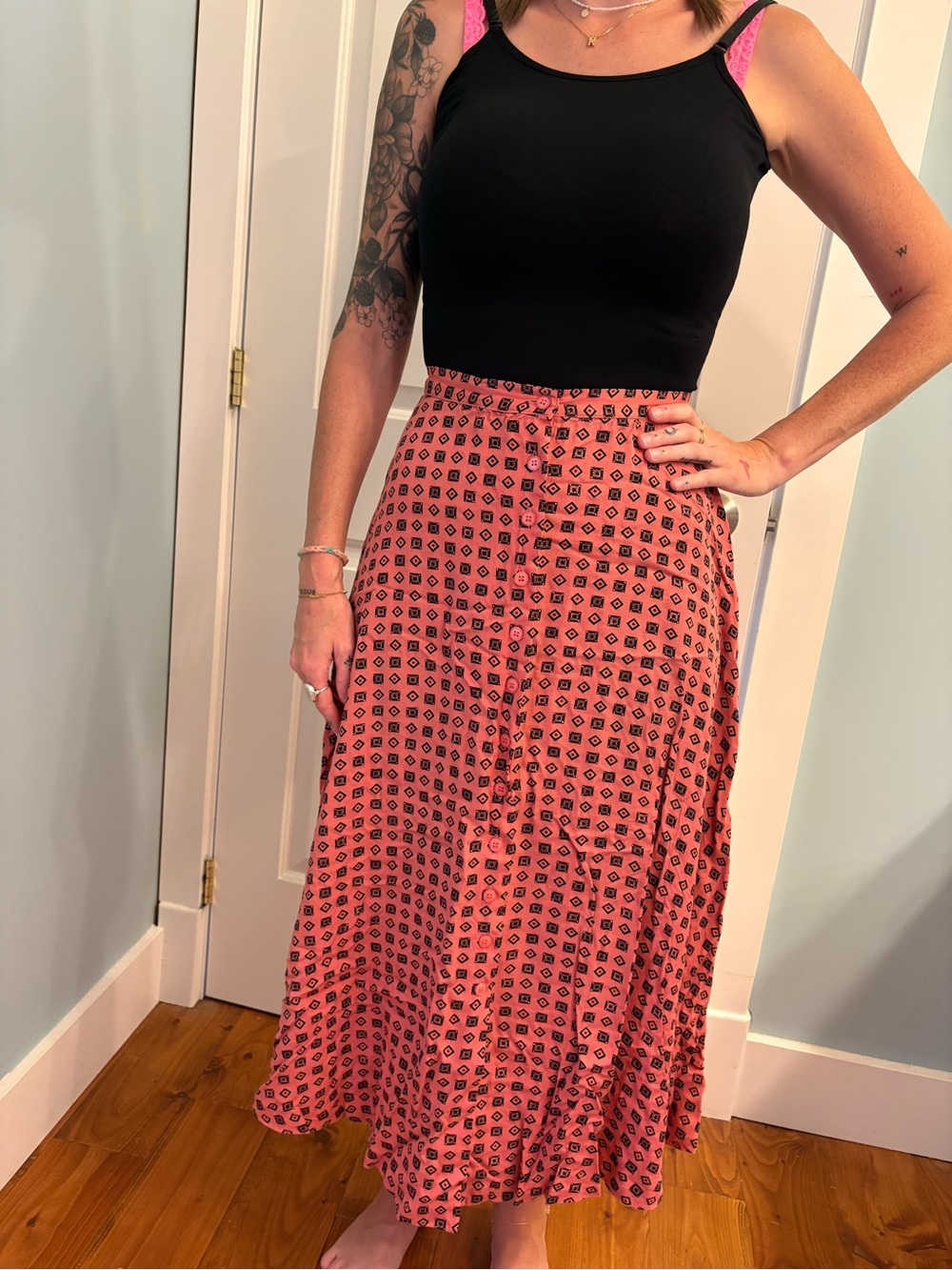 Vintage 1990s Jones Wear Pink Geometric Button-Front Maxi Skirt